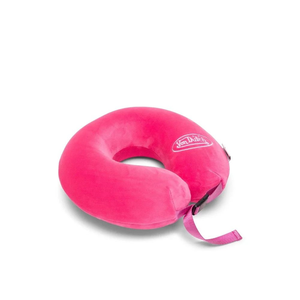 Von Dutch Hot Pink Embroidered Logo Travel Neck Pillow with Buckle Strap